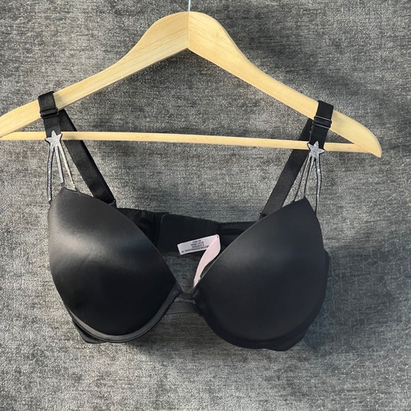 Victoria's Secret Other - Victoria's Secret Black Satin Push Up Bra Rhinestone Star Straps Size 34DDD‎